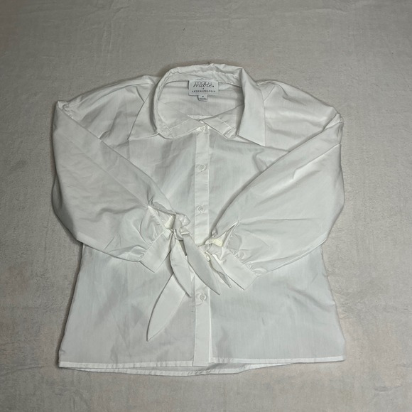 Mare Mare Anthropologie White Button Up Tie Cuff Long Sleeve Blouse Top Medium - Picture 2 of 8